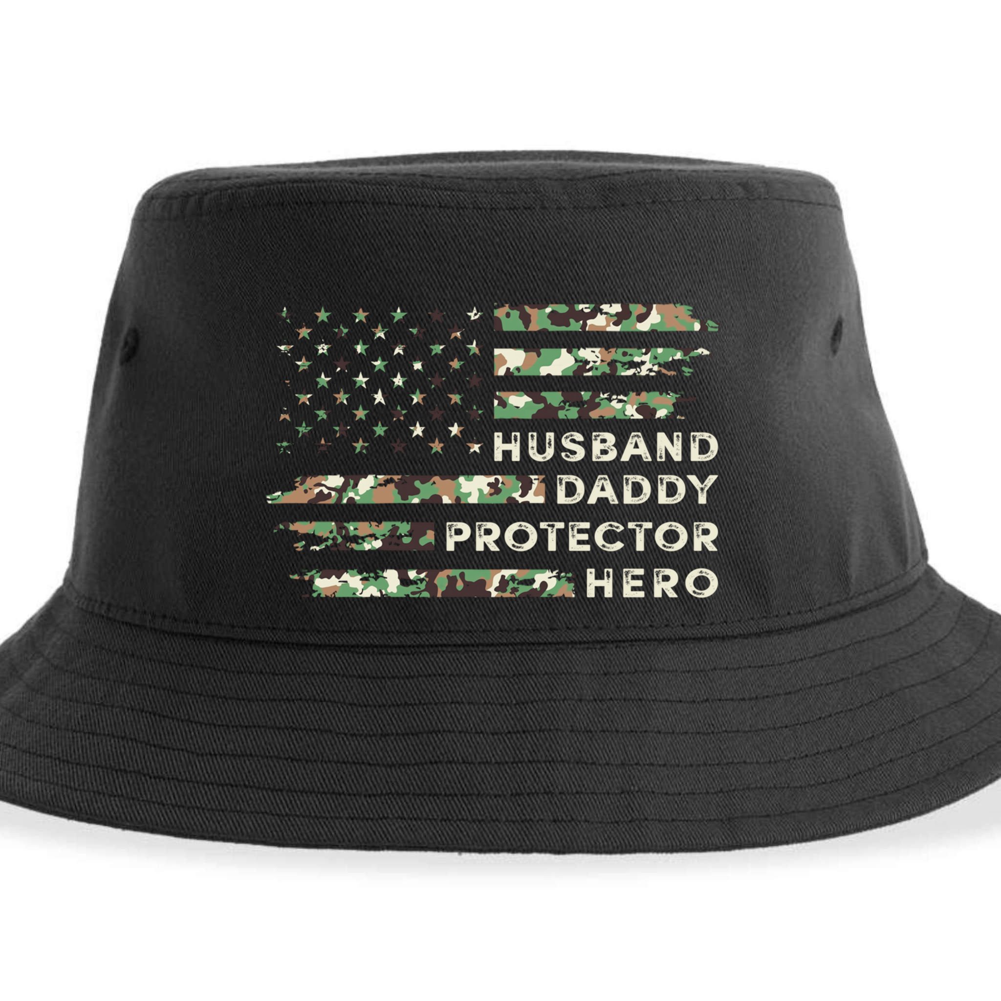 Husband Daddy Protector Hero Camouflage Flag Fathers Day Great Gift Sustainable Bucket Hat