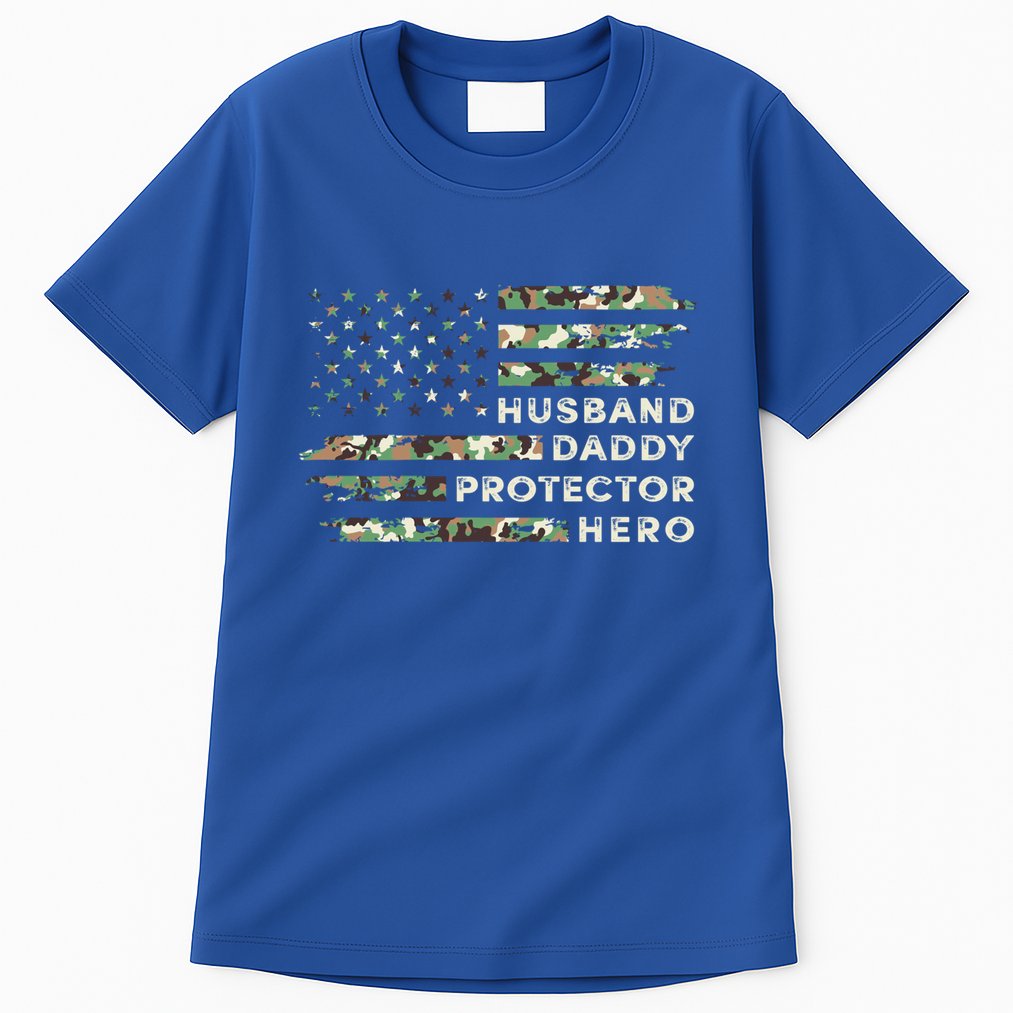 Husband Daddy Protector Hero Camouflage Flag Fathers Day Great Gift Tall T-Shirt