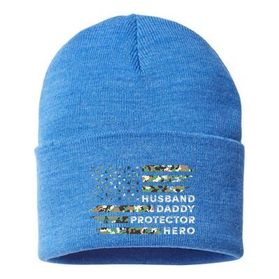 Husband Daddy Protector Hero Camouflage Flag Fathers Day Great Gift Sustainable Knit Beanie