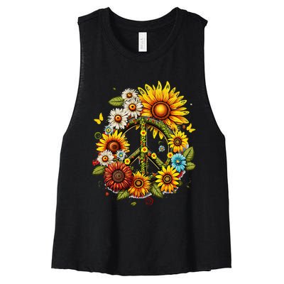 Hippie Daisy Peace Sign Retro Flower Sunflower Lovers Women's Racerback Cropped Tank