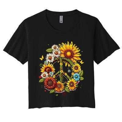 Hippie Daisy Peace Sign Retro Flower Sunflower Lovers Women's Crop Top Tee