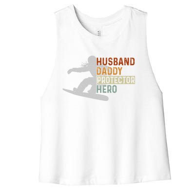 Husband Daddy Protector Hero Father Snowboarding Dad Grandpa Cute Gift Women's Racerback Cropped Tank