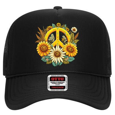 Hippie Daisy Peace Sign Retro Flower Sunflower Lovers High Crown Mesh Back Trucker Hat