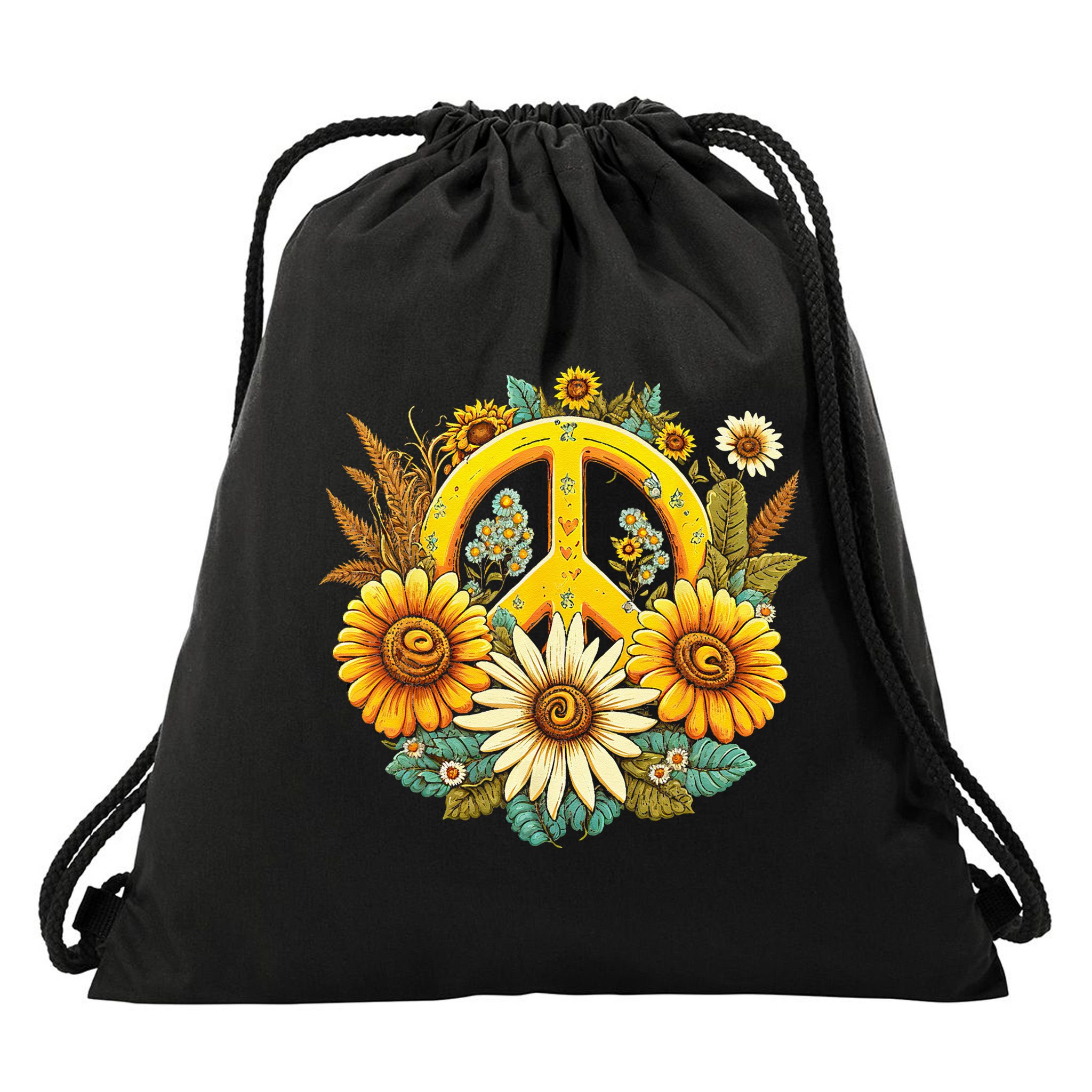 Hippie Daisy Peace Sign Retro Flower Sunflower Lovers Drawstring Bag