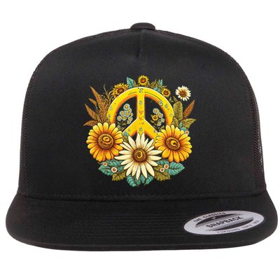 Hippie Daisy Peace Sign Retro Flower Sunflower Lovers Flat Bill Trucker Hat