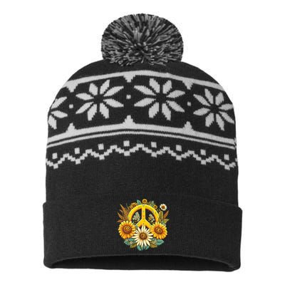 Hippie Daisy Peace Sign Retro Flower Sunflower Lovers USA-Made Snowflake Beanie