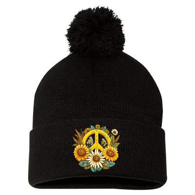 Hippie Daisy Peace Sign Retro Flower Sunflower Lovers Pom Pom 12in Knit Beanie