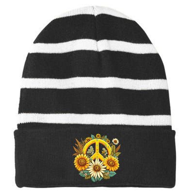 Hippie Daisy Peace Sign Retro Flower Sunflower Lovers Striped Beanie with Solid Band