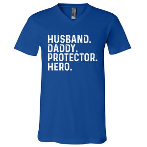 Husband Daddy Protector Hero Dad Stepgiftdad Cool Fathers Day Funny Gift V-Neck T-Shirt