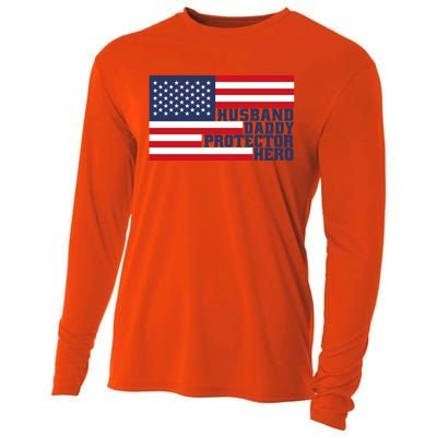 Husband Daddy Protector Hero Us Flag Design For FatherS Day Great Gift Cooling Performance Long Sleeve Crew