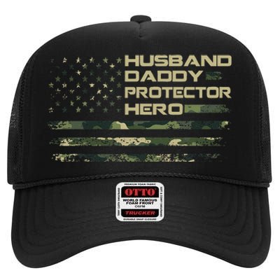 Husband Daddy Protector Hero Fathers Day High Crown Mesh Back Trucker Hat