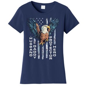 Husband Daddy Protector Hero Fathers Day Camo American Flag Women's T-Shirt