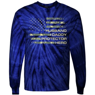 Husband Daddy Protector Hero Fathers Day Camo American Flag Tie-Dye Long Sleeve Shirt