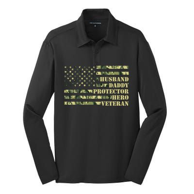 Husband Daddy Protector Hero Veteran Camo Patriotic Us Flag Cute Gift Silk Touch Performance Long Sleeve Polo