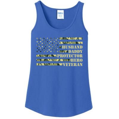 Husband Daddy Protector Hero Veteran Camo Patriotic Us Flag Cute Gift Ladies Essential Tank