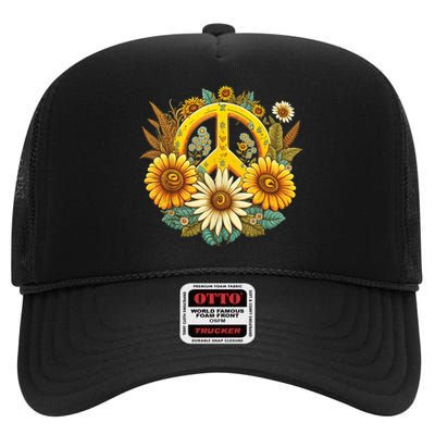 Hippie Daisy Peace Sign Retro Flower Sunflower Lovers High Crown Mesh Back Trucker Hat