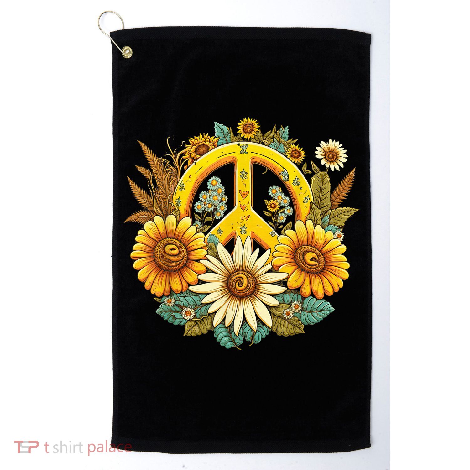 Hippie Daisy Peace Sign Retro Flower Sunflower Lovers Golf Towel