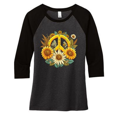 Hippie Daisy Peace Sign Retro Flower Sunflower Lovers Women's Tri-Blend 3/4-Sleeve Raglan Shirt