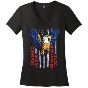 Husband Daddy Protector Hero Fathers Day Camo American Flag Women's V-Neck T-Shirt