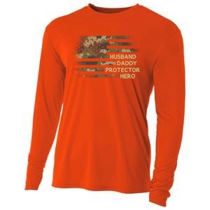 Husband Daddy Protector Hero Fathers Day Dad Usa Flag Cool Gift Cooling Performance Long Sleeve Crew