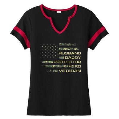 Husband Daddy Protector Hero Veteran Usa Flag Camouflage Dad Ladies Halftime Notch Neck Tee