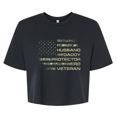 Husband Daddy Protector Hero Veteran Usa Flag Camouflage Dad Bella+Canvas Jersey Crop Tee