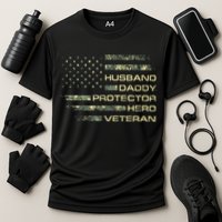 Husband Daddy Protector Hero Veteran Usa Flag Camouflage Dad Cooling Performance Crew T-Shirt