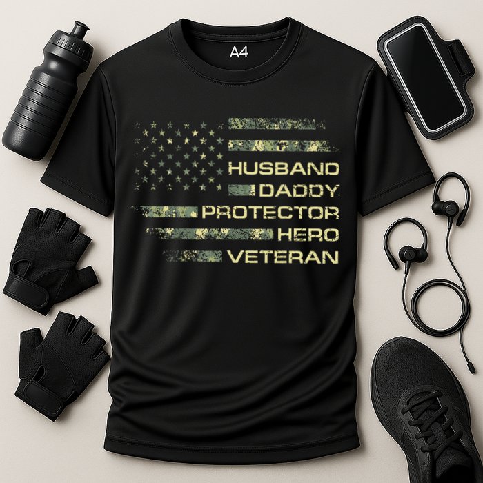 Husband Daddy Protector Hero Veteran Usa Flag Camouflage Dad Cooling Performance Crew T-Shirt