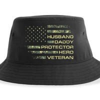 Husband Daddy Protector Hero Veteran Usa Flag Camouflage Dad Sustainable Bucket Hat