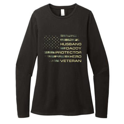 Husband Daddy Protector Hero Veteran Usa Flag Camouflage Dad Womens CVC Long Sleeve Shirt