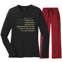 Husband Daddy Protector Hero Veteran Usa Flag Camouflage Dad Women's Long Sleeve Flannel Pajama Set 