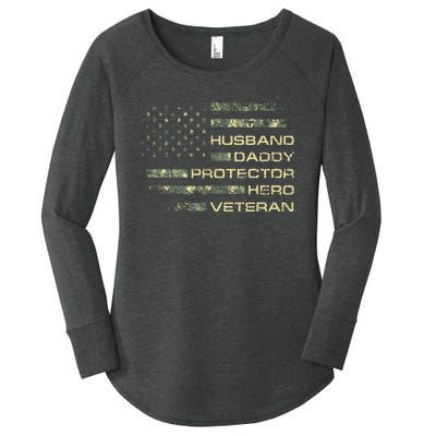 Husband Daddy Protector Hero Veteran Usa Flag Camouflage Dad Women's Perfect Tri Tunic Long Sleeve Shirt