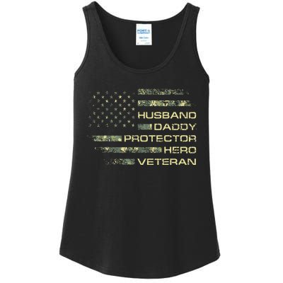 Husband Daddy Protector Hero Veteran Usa Flag Camouflage Dad Ladies Essential Tank