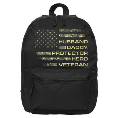 Husband Daddy Protector Hero Veteran Usa Flag Camouflage Dad 16 in Basic Backpack
