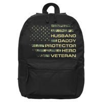 Husband Daddy Protector Hero Veteran Usa Flag Camouflage Dad 16 in Basic Backpack