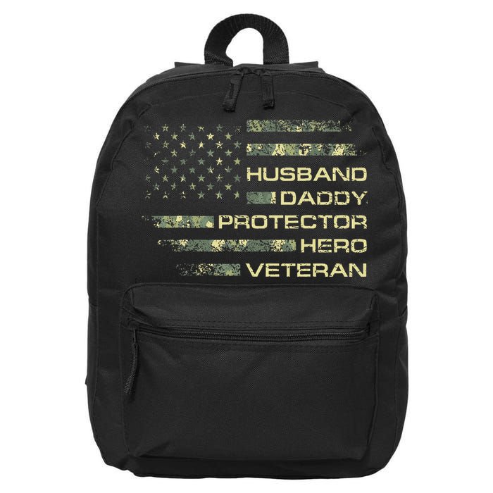 Husband Daddy Protector Hero Veteran Usa Flag Camouflage Dad 16 in Basic Backpack