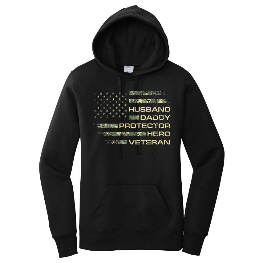 Husband Daddy Protector Hero Veteran Usa Flag Camouflage Dad Women's Pullover Hoodie