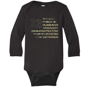 Husband Daddy Protector Hero Veteran Usa Flag Camouflage Dad Baby Long Sleeve Bodysuit