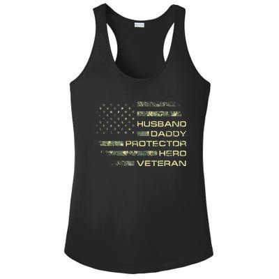 Husband Daddy Protector Hero Veteran Usa Flag Camouflage Dad Ladies PosiCharge Competitor Racerback Tank