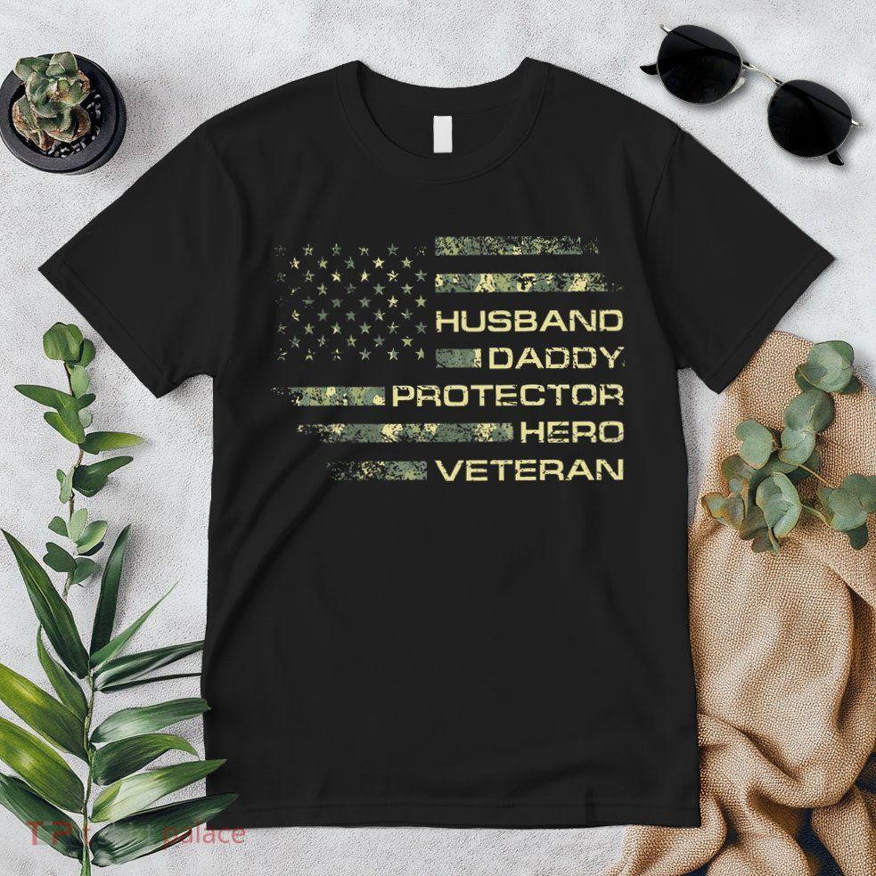 Husband Daddy Protector Hero Veteran Usa Flag Camouflage Dad Premium T-Shirt
