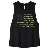 Husband Daddy Protector Hero Veteran Usa Flag Camouflage Dad Women's Racerback Cropped Tank