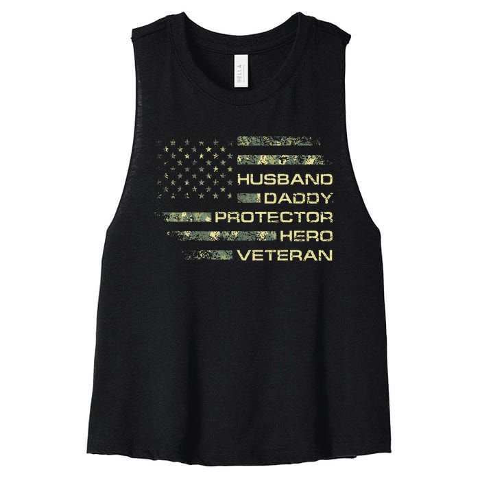 Husband Daddy Protector Hero Veteran Usa Flag Camouflage Dad Women's Racerback Cropped Tank