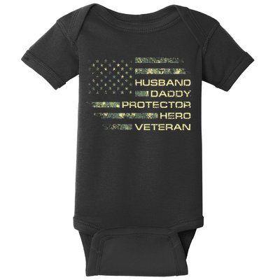 Husband Daddy Protector Hero Veteran Usa Flag Camouflage Dad Baby Bodysuit