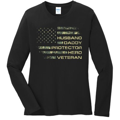 Husband Daddy Protector Hero Veteran Usa Flag Camouflage Dad Ladies Long Sleeve Shirt