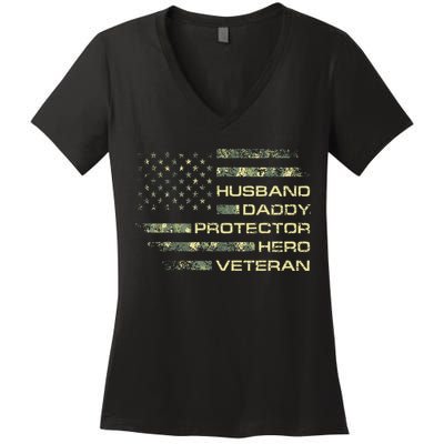 Husband Daddy Protector Hero Veteran Usa Flag Camouflage Dad Women's V-Neck T-Shirt
