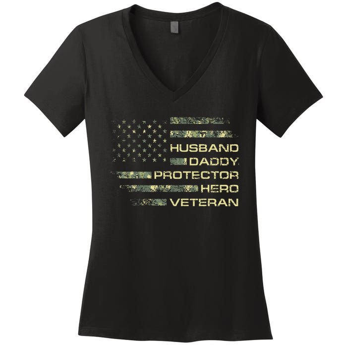 Husband Daddy Protector Hero Veteran Usa Flag Camouflage Dad Women's V-Neck T-Shirt