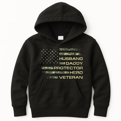 Husband Daddy Protector Hero Veteran Usa Flag Camouflage Dad Kids Hoodie