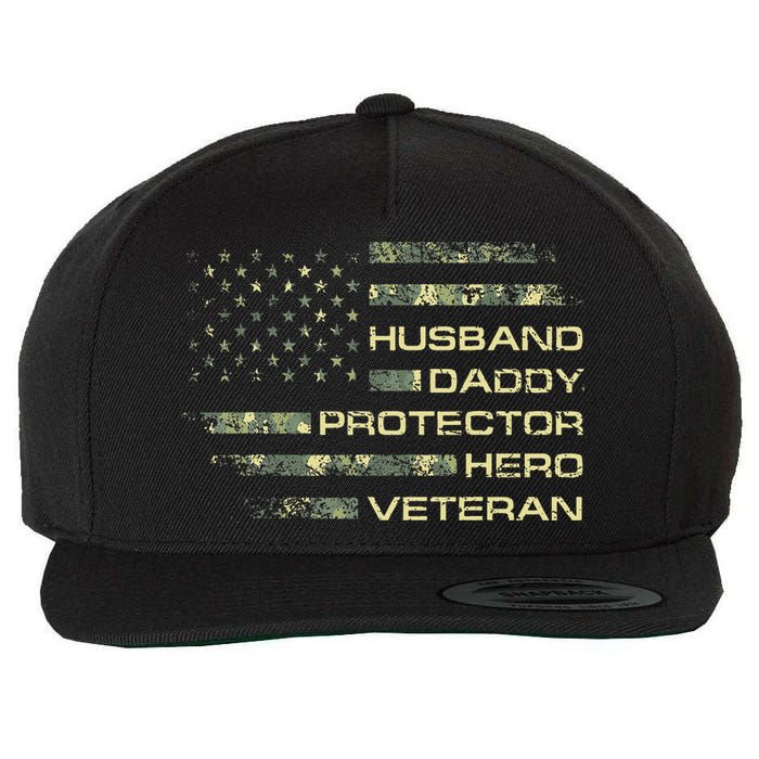 Husband Daddy Protector Hero Veteran Usa Flag Camouflage Dad Wool Snapback Cap