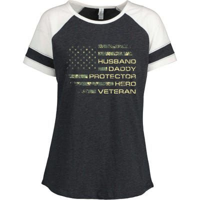 Husband Daddy Protector Hero Veteran Usa Flag Camouflage Dad Enza Ladies Jersey Colorblock Tee