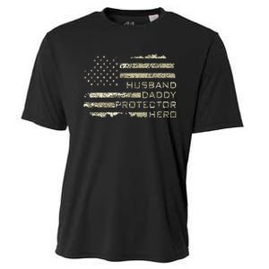 Husband Daddy Protector Hero Fathers Day American Flag camo Cooling Performance Crew T-Shirt